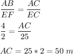 \displaystyle\frac{AB}{EF}=\frac{AC}{EC}\\\\\frac{4}{2}=\frac{AC}{25}\\\\AC=25*2=50\,\,m