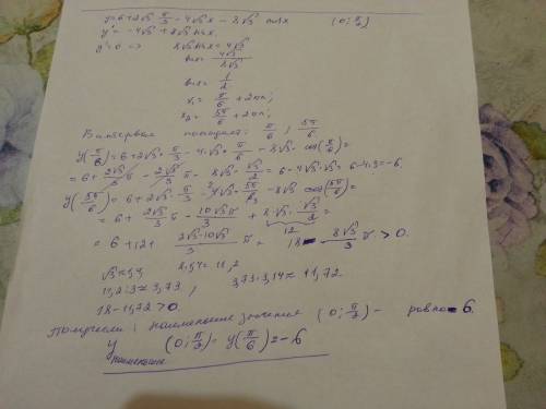 Найдите наименьшее значение функции на отрезке (0; pi/2) y=6+2√3pi/3-4√3x-8√3cosx