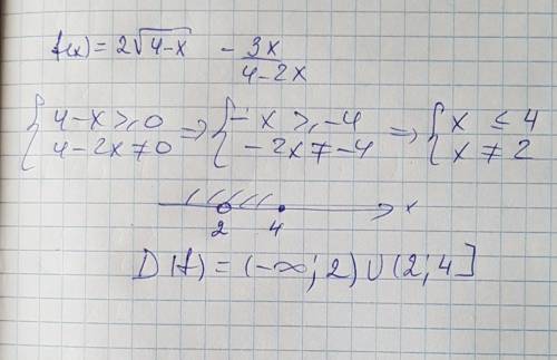 Найдите область определения функции: f(x)=2 корень из 4-х-3х/4-2х