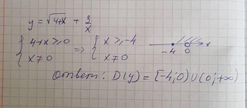 Наити область определения функций корень из 4+х+3/х