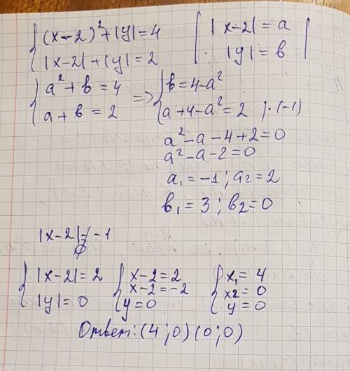 {(x-2)²+|y|=4 {|x-2|+|y|=2 если так нужно найти x+y