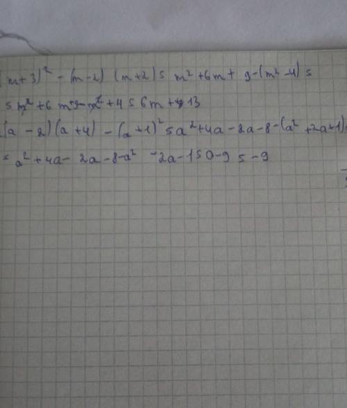 Надо выражение2)(m + 3)² - (m-2) (m+2) =3) (a-2) (a+4) - (a + 1)² =​