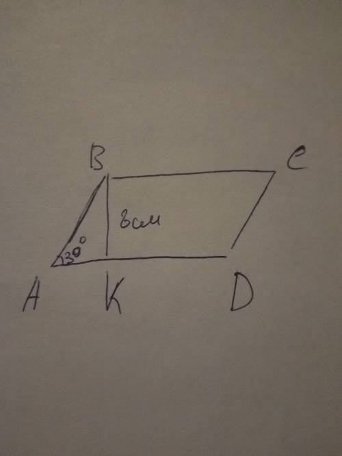 Заранее ! ) угол между сторонами параллелограмма равен 30 градусов. высота параллелограмма 8 см. най