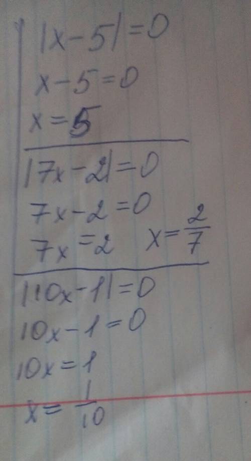 Реши уравнение 2) |х-5|=0; 4)|7х-2|=0; 6) |10х-1|=0.