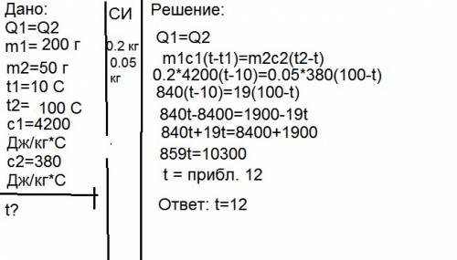 Укалориметр в якому міститься 200 г. води , за температури 10 градусів поклали мідний брусок масою 5