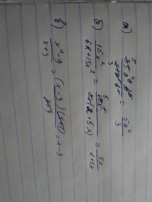 Сократить дробь. a) 35a^6 b^3/21a^2 b^4. б) 15x^2/6x+15x^2. в) x^2-9/x+3. .