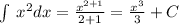 \int \:x^2dx=\frac{x^{2+1}}{2+1}=\frac{x^3}{3} +C