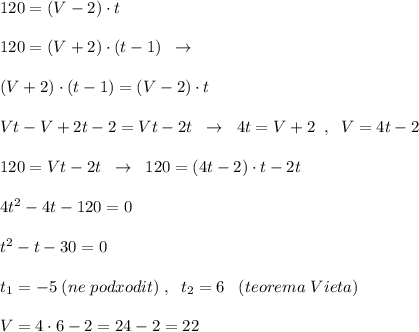 120=(V-2)\cdot t\\\\120=(V+2)\cdot (t-1)\; \; \to \\\\(V+2)\cdot (t-1)=(V-2)\cdot t\\\\Vt-V+2t-2=Vt-2t\; \; \to \; \; 4t=V+2\; \; ,\; \; V=4t-2\\\\120=Vt-2t\; \; \to \; \; 120=(4t-2)\cdot t-2t\\\\4t^2-4t-120=0\\\\t^2-t-30=0\\\\t_1=-5\; (ne\; podxodit)\; ,\; \; t_2=6\; \; \; (teorema\; Vieta)\\\\V=4\cdot 6-2=24-2=22