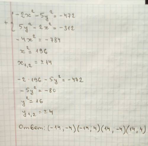 Решить решите систему уравнений методом сложения -2x^2-5y^2=-472 5y^2-2x^2=-312 ответы: ; -4) ; -16)