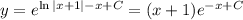 y=e^{\ln |x+1|-x+C}=(x+1)e^{-x+C}