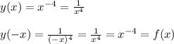 y(x)=x^{-4}= \frac{1}{x^4} \\\\y(-x)= \frac{1}{(-x)^4} = \frac{1}{x^4}=x^{-4}=f(x)