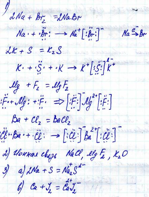 1. составьте схемы образования ионной связи между атомами: а) na и br; б) k и s; в) mg и f; г) ba и