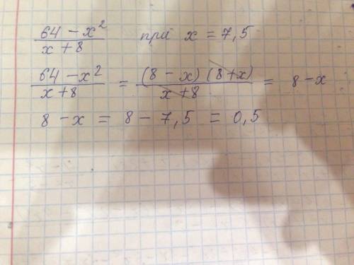 Вычислите значение дроби 64-x^2/x+8 при x=7,5 с решением.