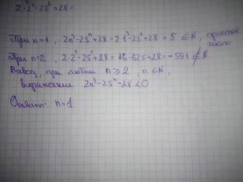 При каких натуральных n число 2n^3-25^n+28 является простым?