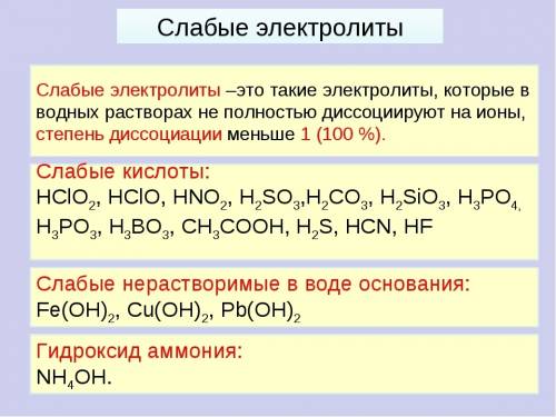 Дайте определения, 2-3 примера: слабые электролиты