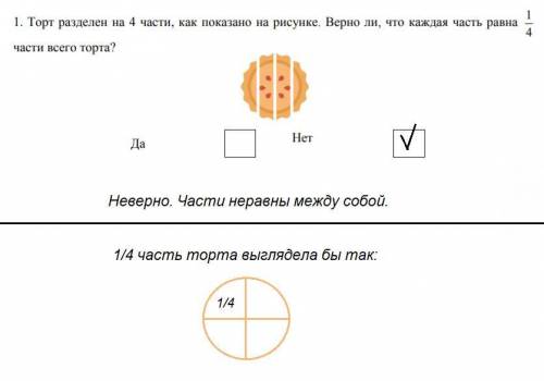 Торт разделен на 4 части, как показано на рисунке. верно ли, что каждая часть равна 1 4 это дробь ча