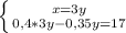 \left \{ {{x = 3y} \atop {0,4*3y - 0,35y = 17}} \right.