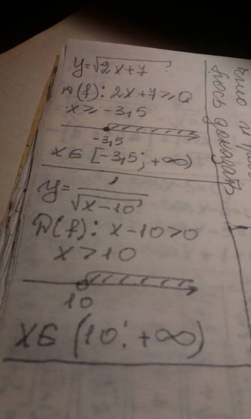 Найдите область определения функции: 4)y=√2x+7 6)y=1/√x-10