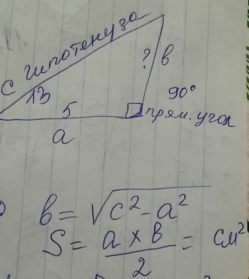 Найдите площадь прямоугольного треугольника, если его катет и гипотенуза равны соотвественно 5 и 13