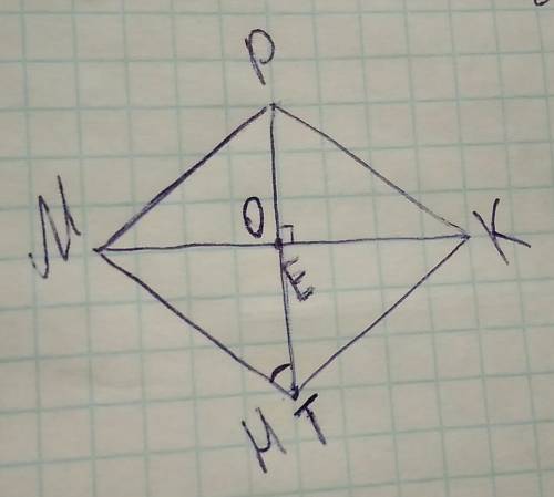 Вромбе mpkh, угол m- острый. отрезок pe является перпендикуляром к прямой mk, o-точка пересечения ди