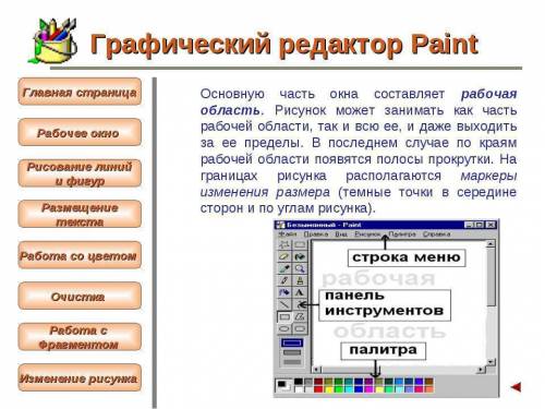 Перечислите основные составные части среды редактора paint?