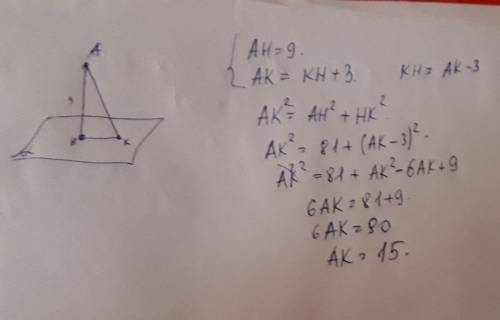 Расстояние от точки а до плоскости альфа равно 9 см. найдите длину наклонной, если она на 3 см больш