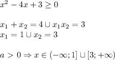 x^2-4x+3 \geq 0 \\ \\ x_1+x_2=4 \cup x_1x_2=3 \\ x_1=1 \cup x_2=3 \\ \\ a\ \textgreater \ 0 \Rightarrow x \in (- \infty ;1] \cup [3;+ \infty)