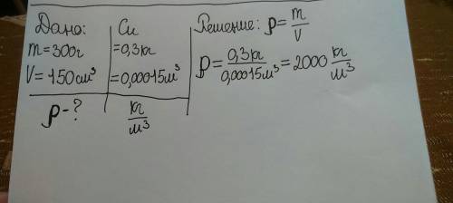 Найдите плотность игрушки массой 300 г и объемом 150 см3.