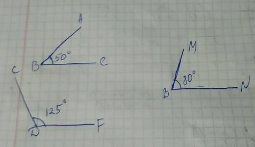 Начертите угол abc=50°,cdf=125°,mbn=80°