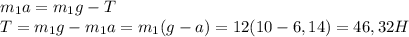 m_1a=m_1g-T \\ T=m_1g-m_1a=m_1(g-a)=12(10-6,14)=46,32H