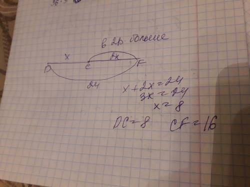 Найдите длины отрезков cd и cf,если df=22см,а отрезок cf в 2 разабольше отрезка dc