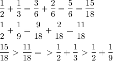 \displaystyle \frac{1}{2}+ \frac{1}{3}= \frac{3}{6}+ \frac{2}{6}= \frac{5}{6}= \frac{15}{18} \\ \\ \frac{1}{2}+ \frac{1}{9}= \frac{9}{18}+ \frac{2}{18}= \frac{11}{18} \\ \\ \frac{15}{18}\ \textgreater \ \frac{11}{18}=\ \textgreater \ \frac{1}{2}+ \frac{1}{3}\ \textgreater \ \frac{1}{2}+ \frac{1}{9}