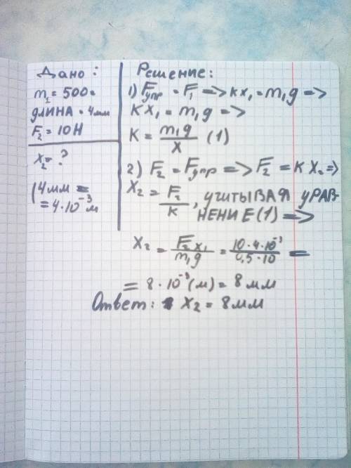 Если под действием груза, массой 500 г, пружина динамометра растянулась на 4 мм, то под действием гр