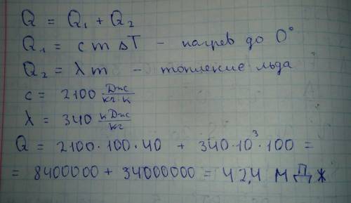 Какое количество теплоты потребуется для превращения 100 кг льда в воду при -40 ⁰с?