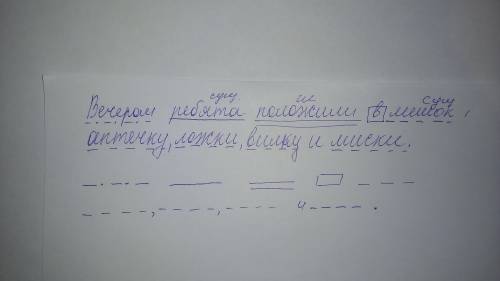 Составить схемы предложения: вечером положили в мешок аптечку, ложки, вилку и миски