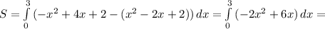 S= \int\limits^3_0 {(-x^2+4x+2-(x^2-2x+2))} \, dx = \int\limits^3_0 {(-2x^2+6x)} \, dx =