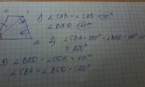 Вравнобедренной трапеции abcd диагональ ac является биссектрисой угла a.угол cab равен 30 градусам.н