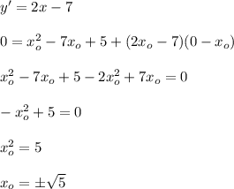 y'=2x-7\\\\0=x^2_o-7x_o+5+(2x_o-7)(0-x_o)\\\\x^2_o-7x_o+5-2x^2_o+7x_o=0\\\\-x^2_o+5=0\\\\x^2_o=5\\\\x_o=б\sqrt{5}