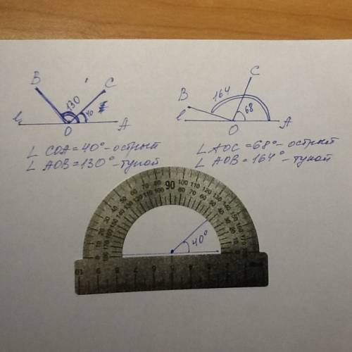 Проведите луч.отложите от этого луча угол,градусная мерка которого равна: 1)40*; 2)130*; 3)68*; 4)16