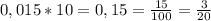 0,015*10 =0,15= \frac{15}{100} = \frac{3}{20}