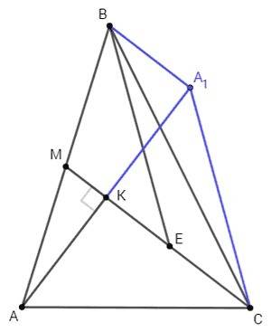 Решить по : на медиане cm треугольника abc обозначили точки k и e так, что угол akm = 90 градусов, и