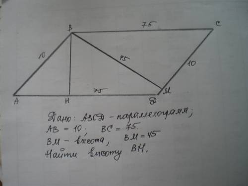 Стороны параллелограмма равны 10 и 75.высота,опущенная на меньшую сторону,равна 45.найдите высоту,оп