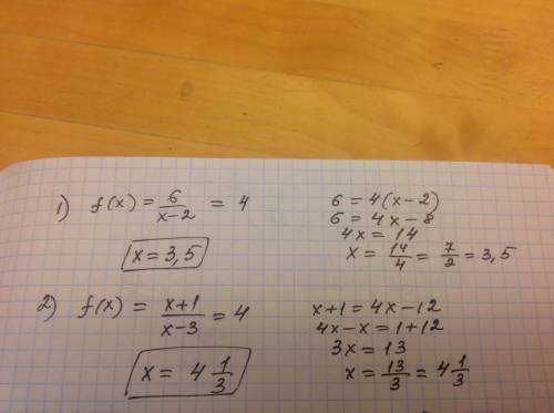 При каком значении аргумента значение функции равно 4 f (x) = 6/x-2 2) f (x) = x+1/x-3 как делается?