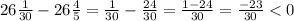 26\frac{1}{30} -26\frac{4}{5} = \frac{1}{30} - \frac{24}{30} = \frac{1-24}{30} =\frac{-23}{30}