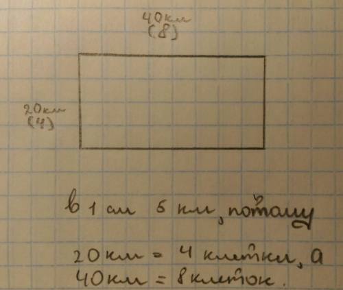 Начерти прямоугольник 20 км на 40 км в масштабе в 1: 500000