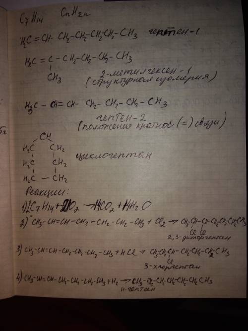 С7н14 составить по одному изомеру (скелетная,положение и межклассовые) и реакции к одному из изомеро