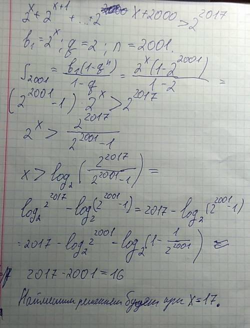 Найдите наименьшее натуральное решение неравенства 2 в степени x +2 в степени x+1 +…+2 в степени икс