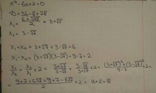 Числа х1 их2 корни квадратного уравнения х^2-6х+2=0 найдите значения выражения х1+х2 х1х2 х1/х2+х2/х