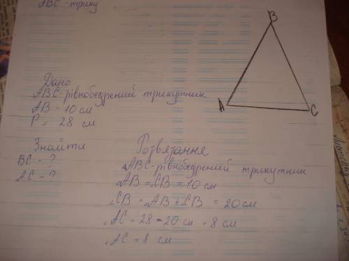 Периметр равнобедренного треугольника равен 28 см, а боковая сторона - 10 см. найдите основание треу