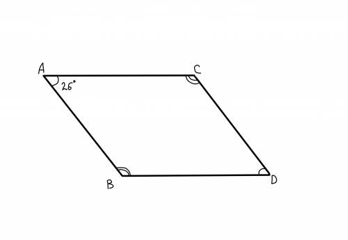 Один из углов параллелограмма равен 26°. найдите больший угол этого параллелограмма. ответ дайте в г